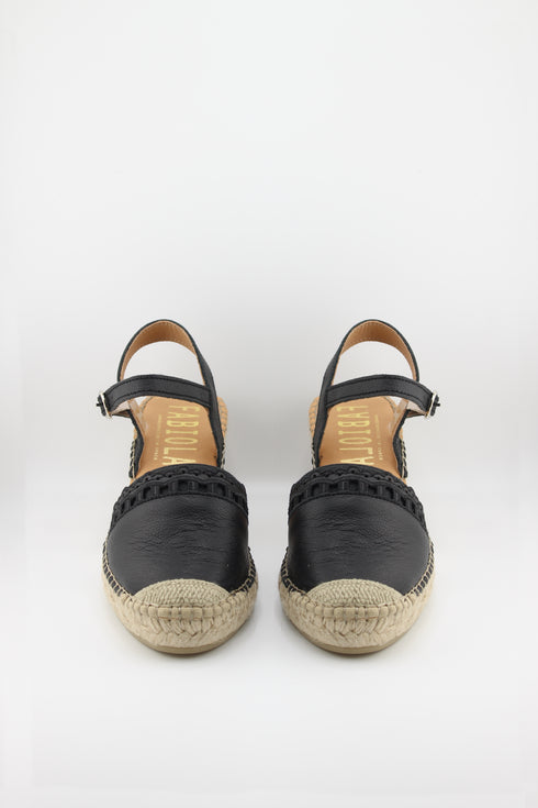Fabiolas Leather Espadrille Wedge with Scalloped Detail and Ankle Strap